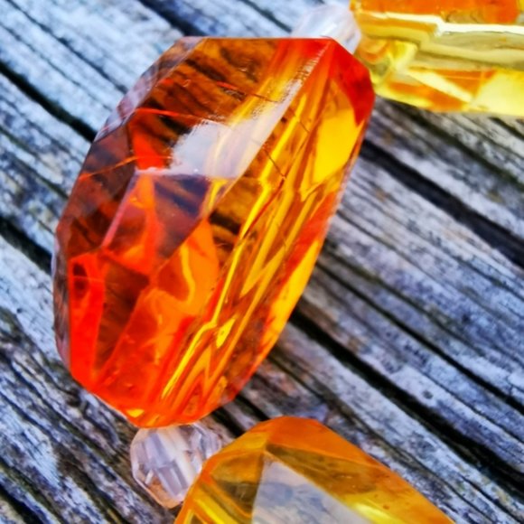 Big Yellow and Orange Plastic Gemstones Stretch Statement Bracelet - Picture 6 of 13